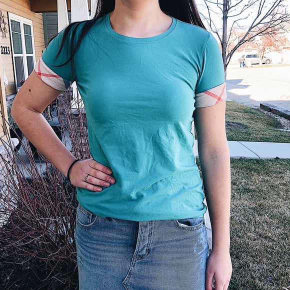 Burberry Tops - BURBERRY Brit Check Trim Tee in Green